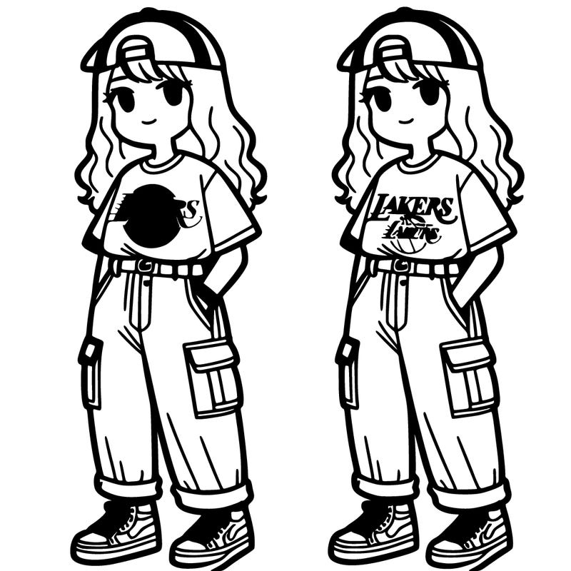 a girl wearing cargo pants and a laker's basketball shirt