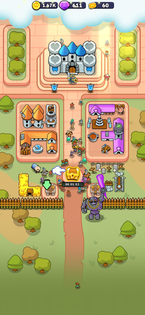 Fortress Merge - Vista de arriba hacia abajo de un juego de defensa de castillos de dibujos animados con edificios en fusión y un gólem gigante atacando oleadas de enemigos.