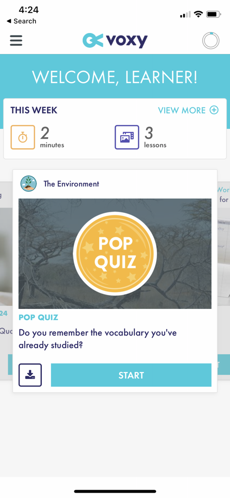 Voxy app home screen displaying weekly study progress and a pop quiz option for vocabulary review.