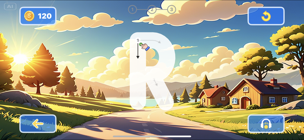 Swedish Letter Tracing - Pantalla de aplicación educativa que muestra un ejercicio de trazado guiado para la letra mayúscula R con un fondo de paisaje de dibujos animados.