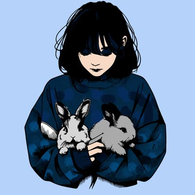 realistic girl with messy bunny baggy sweatshirt and holding bunnies
