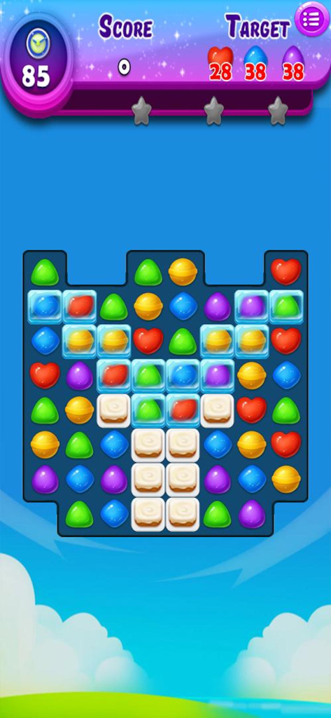 Sweet Candy Blast Fever - Sweet Candy Blast Fever match 3 gameplay showing colorful candies and ice block obstacles