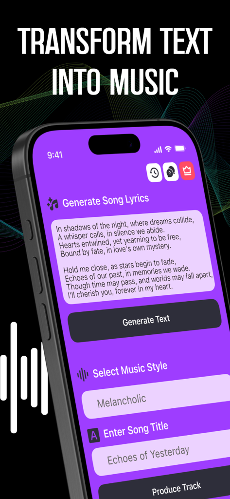 Song AI: Music & Lyrics Maker - Mobile app screen for Song AI showing lyric generation and music style selection