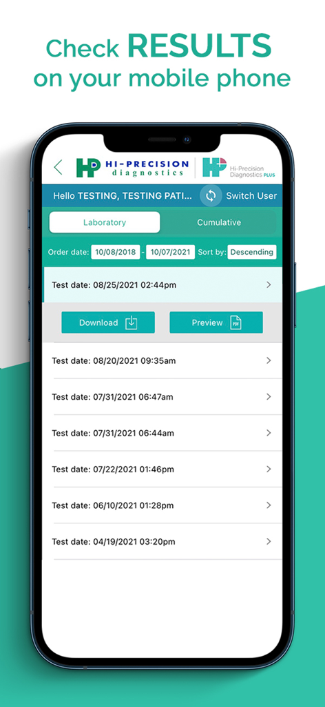 Hi-Precision - Mobile interface of the Hi-Precision app displaying a list of laboratory test results with options to download and preview.