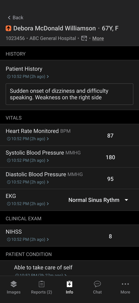 Aidoc - Tela de informações clínicas do paciente no aplicativo Aidoc mostrando sinais vitais e histórico médico.