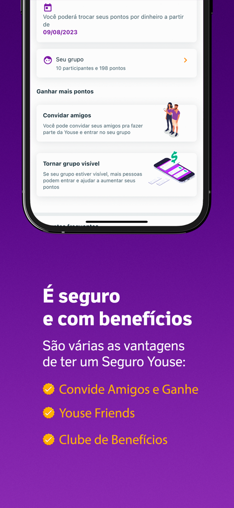 Smartphone screen of Youse Seguros app highlighting its rewards program invite friends bonuses and the benefits club