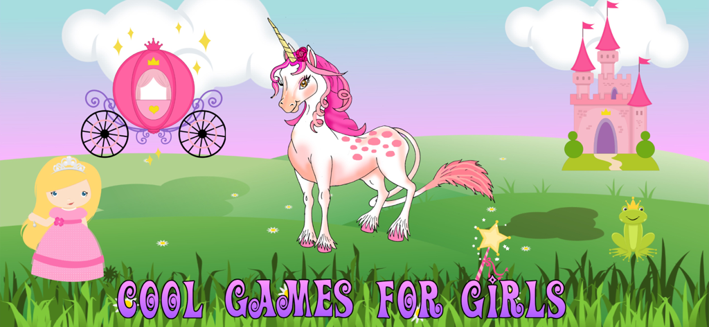 Unicorn and princess characters in a fairytale landscape from the Unicorn Games app.