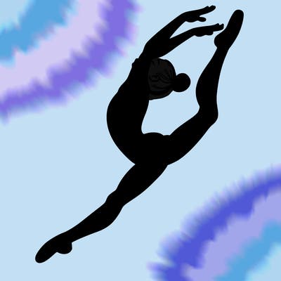 gymnast doing a leap in a leotard with a bent back leg