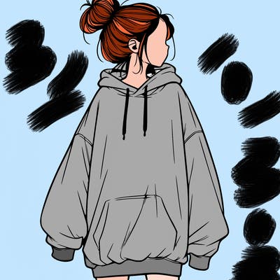 realistic girl with a oversized sweatshirt on and a bun