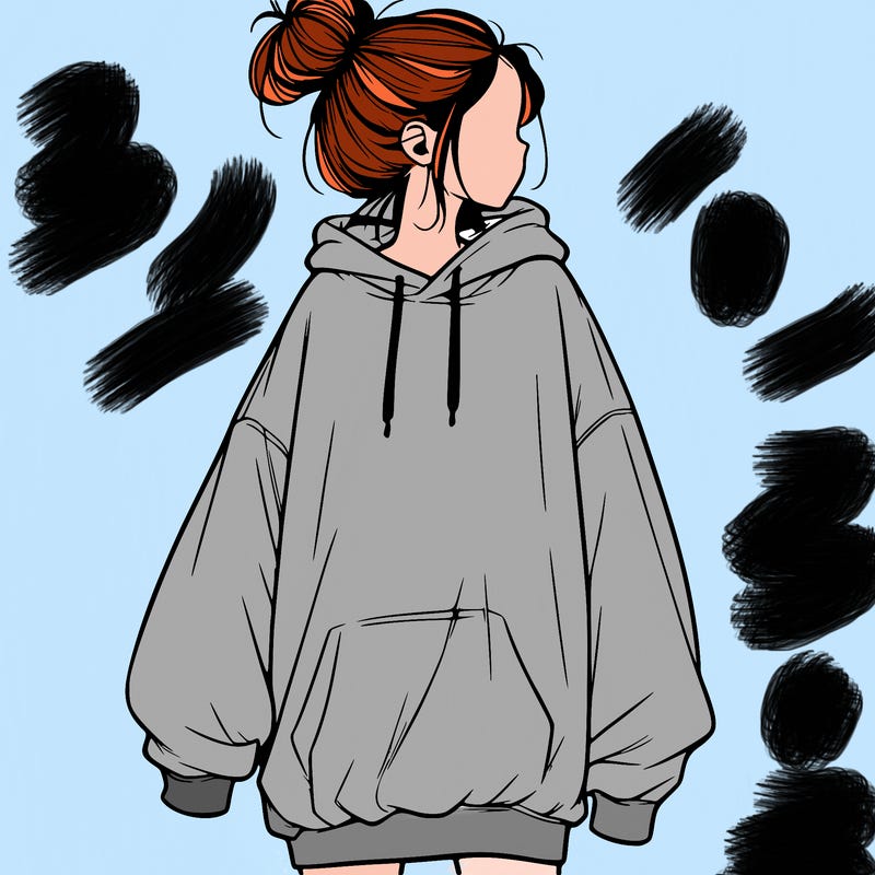 realistic girl with a oversized sweatshirt on and a bun