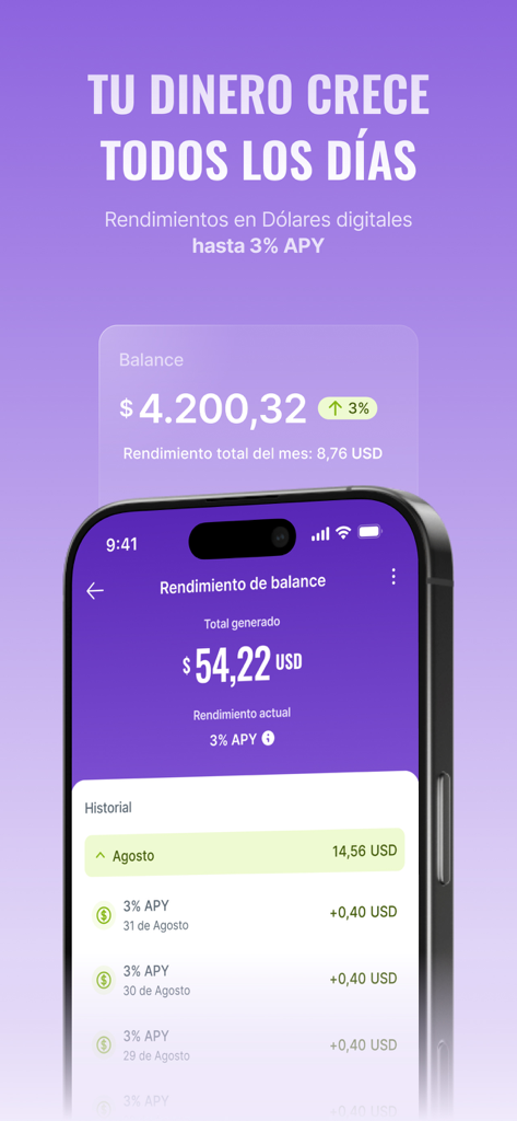 Smartphone displaying Takenos app interface with 3 percent APY daily interest on digital dollar savings
