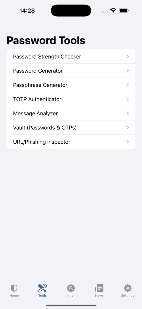 Cybersecurity - Interface de l'application Cybersecurity affichant une liste d'outils de sécurité des mots de passe tels que le générateur et l'authentificateur.