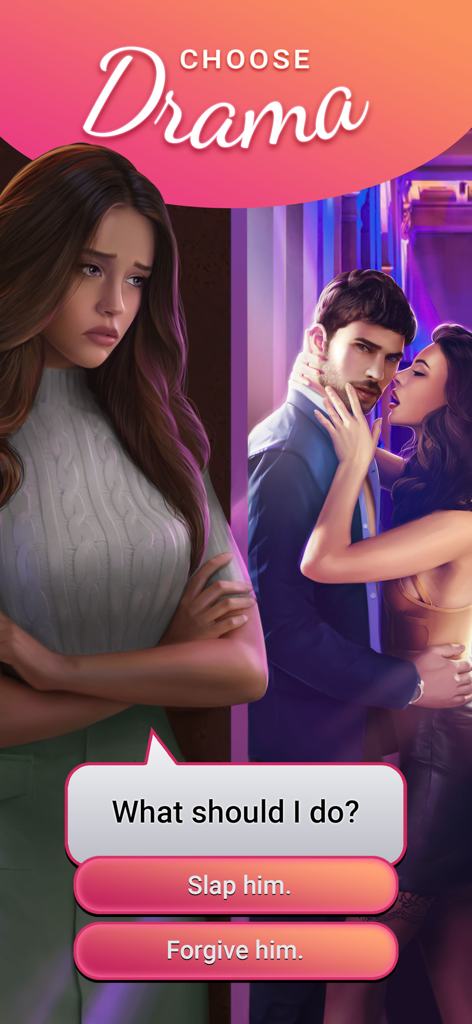 Perfect Choice: Romance Games - An interactive drama scene from a romance game where a female character chooses between slapping or forgiving her partner