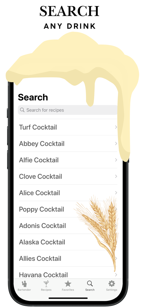 Bartender 앱의 검색 인터페이스로 다양한 칵테일 레시피 목록이 표시됩니다.