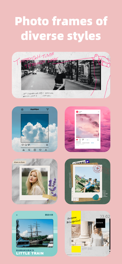 A collection of diverse aesthetic photo frame styles for mobile widgets including polaroid and social media layouts.