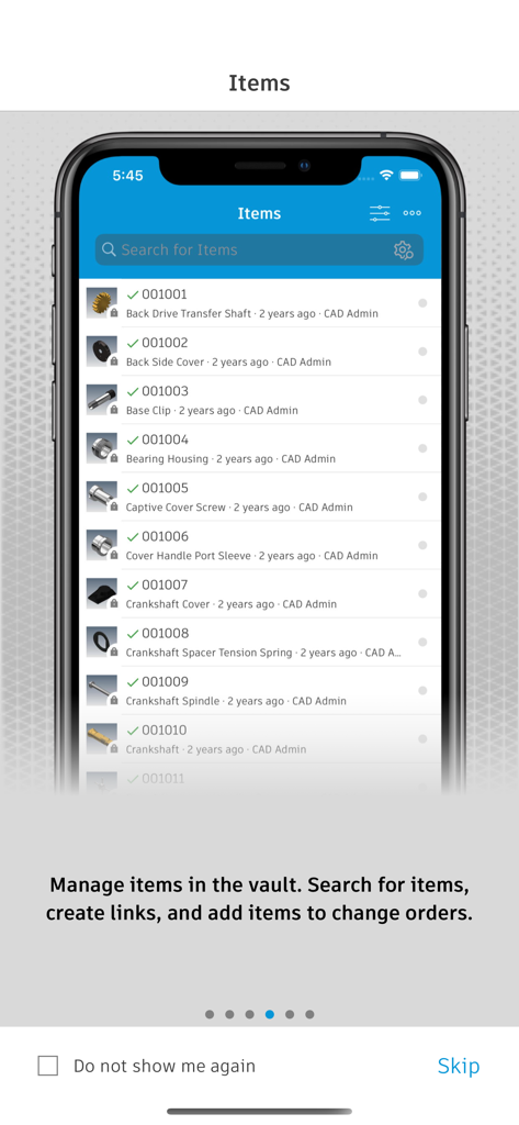 Manage and search for engineering items in the Autodesk Vault Mobile app