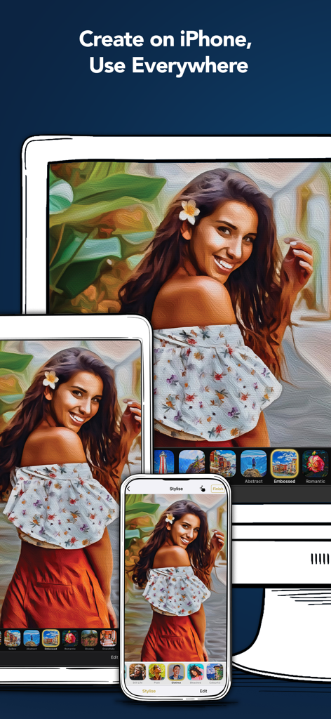 Oilbrush: Oil Painting Effects - La aplicación Oilbrush muestra un retrato con efectos de pintura al óleo en múltiples dispositivos Apple
