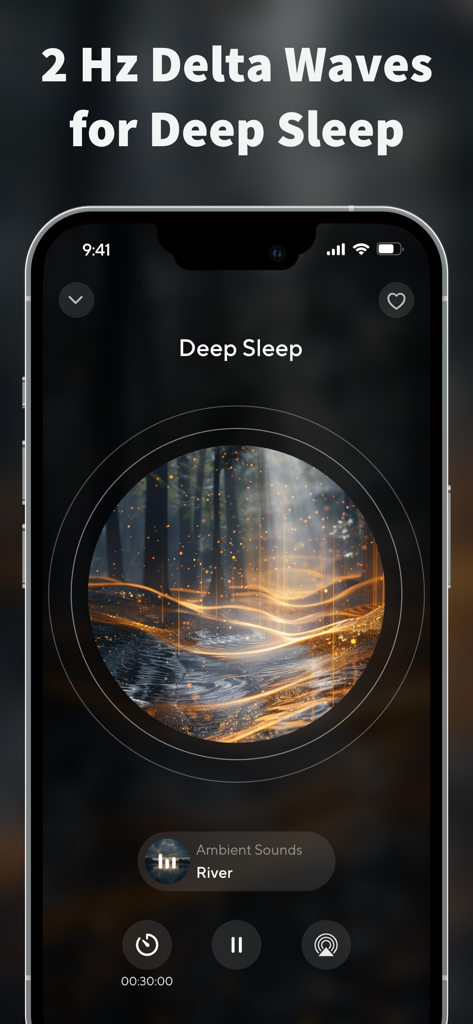 Mobile app interface for Green Noise playing 2 Hz Delta Waves for deep sleep