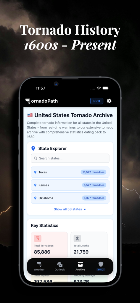 Tornado Tracker by TornadoPath - Interfaz de la aplicación Tornado Tracker que muestra estadísticas históricas de tornados en EE. UU. y un explorador de estados para datos que datan de la década de 1600