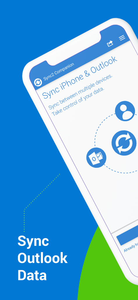 Sync2 Companion app interface showing the option to sync iPhone and Outlook data.