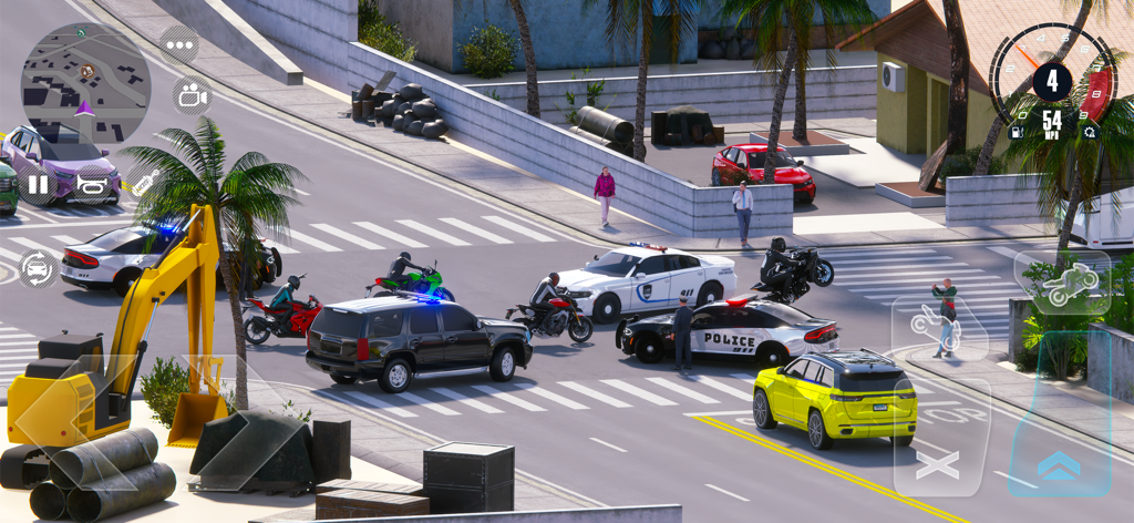 Street Racing EVO : Car & Moto - Police cars and motorcycles at an urban street intersection in Street Racing EVO