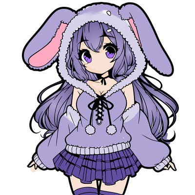 pretty anime girl wearing a fluffy hoodie with bunny ears on the hood and a skirt