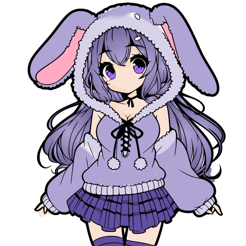 pretty anime girl wearing a fluffy hoodie with bunny ears on the hood and a skirt