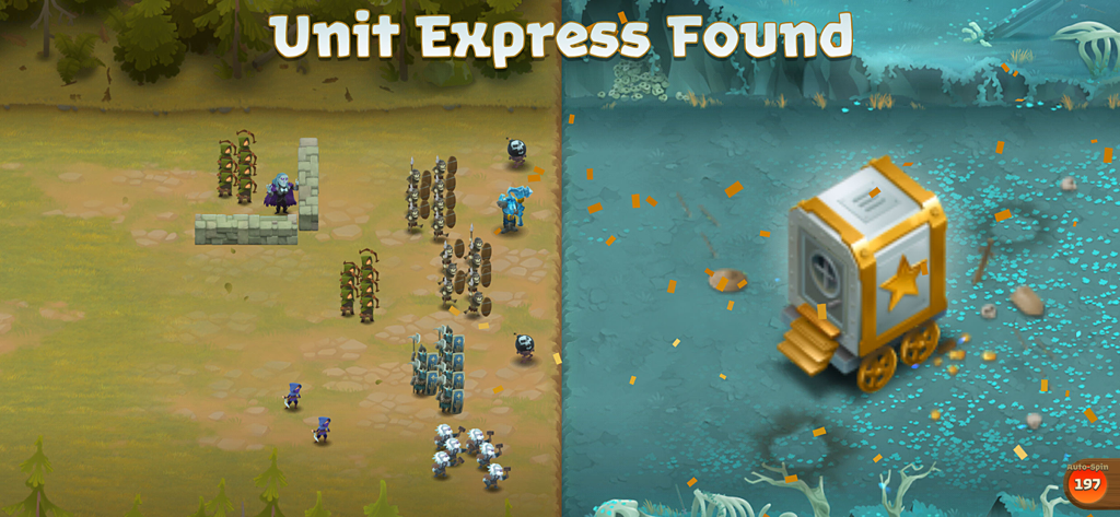 Battle Legion - Mass Battler - Battle Legion game screen showing army units next to a golden Unit Express reward cart with confetti