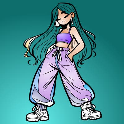 girl in baggy pants crop top and long hair