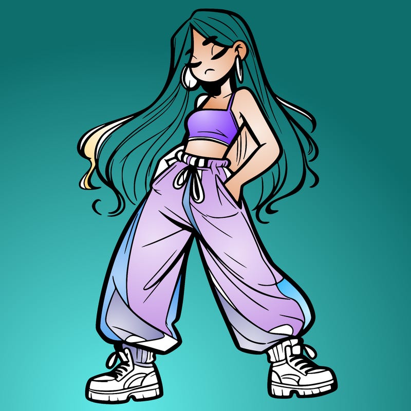 girl in baggy pants crop top and long hair