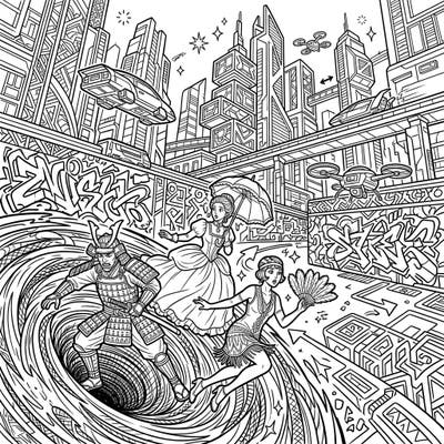 Dive into an exciting time-travel coloring experience where past meets future in a dynamic urban landscape. This intricate design features historical figures navigating a futuristic city, perfect for creative teens.