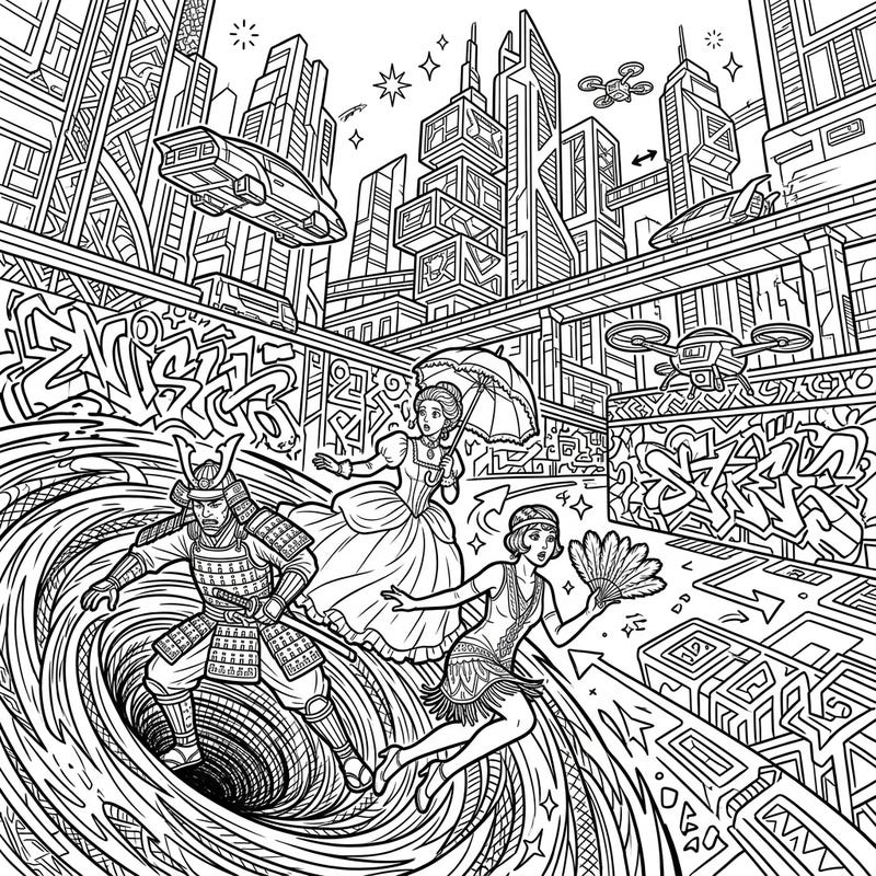 Dive into an exciting time-travel coloring experience where past meets future in a dynamic urban landscape. This intricate design features historical figures navigating a futuristic city, perfect for creative teens.