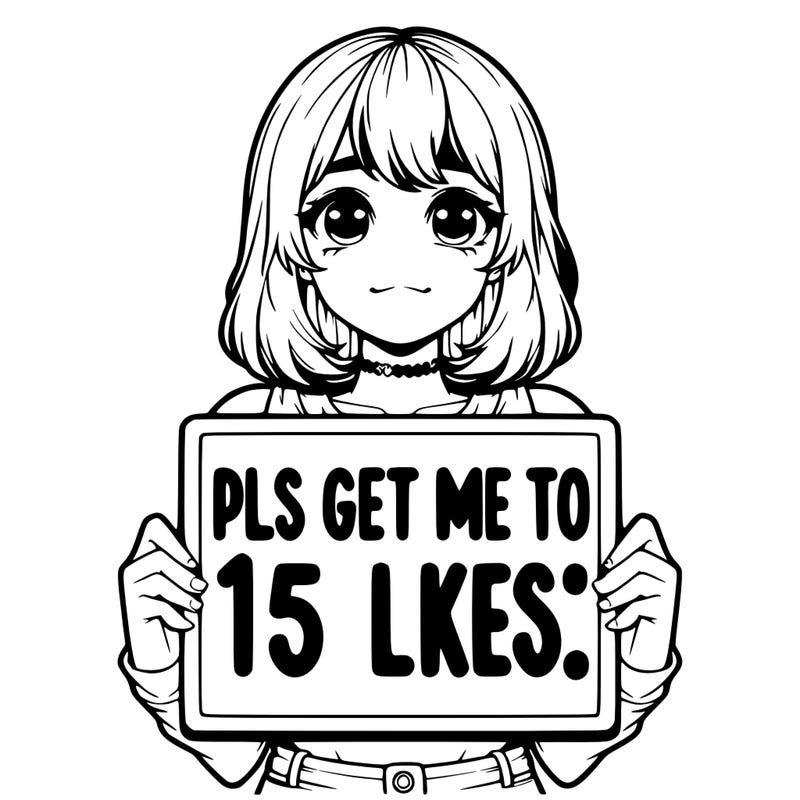 realistic girl holding up a sign that says “pls get me to 15 likes!”