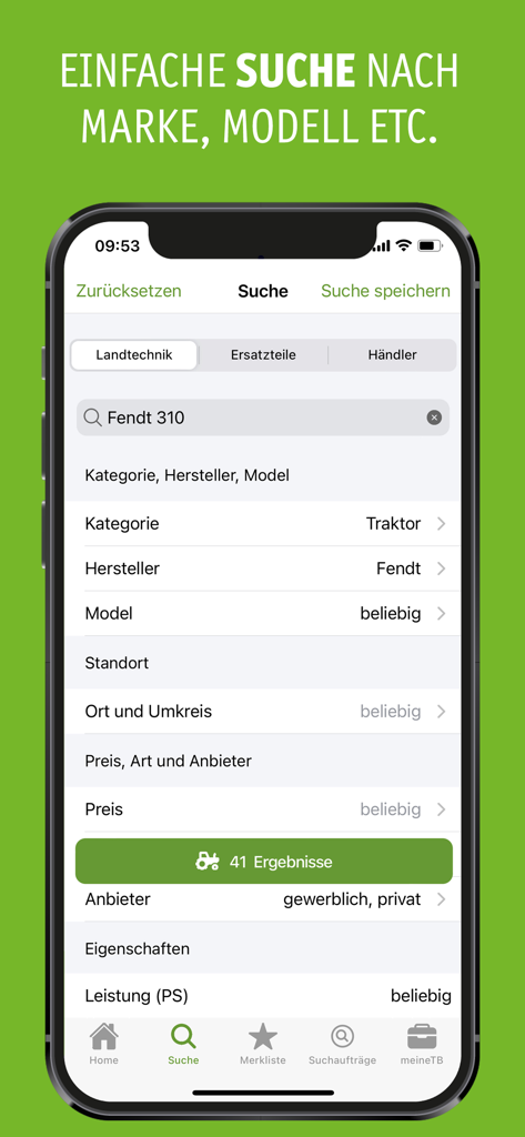 Interface de pesquisa do aplicativo technikboerse mostrando filtros detalhados para máquinas agrícolas, como tratores Fendt