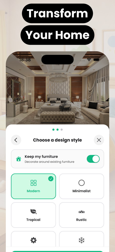 Homeora: AI Room Design - App interface of Homeora showing an AI-designed bedroom with modern and minimalist style options.