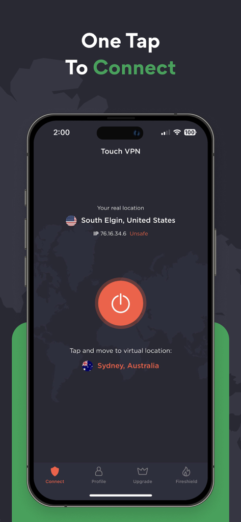 Touch VPN app interface showing the one tap to connect button and virtual location selector