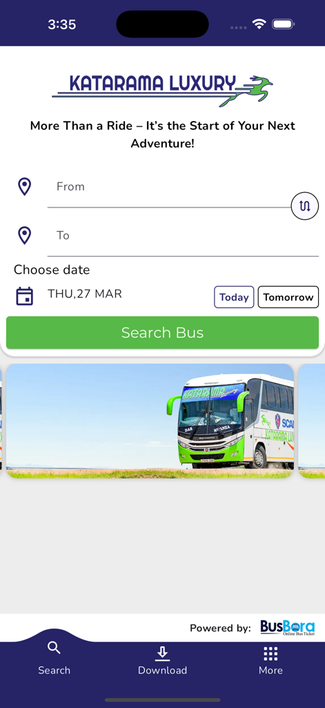 Katarama Luxury app home screen showing bus search options for travel in Tanzania