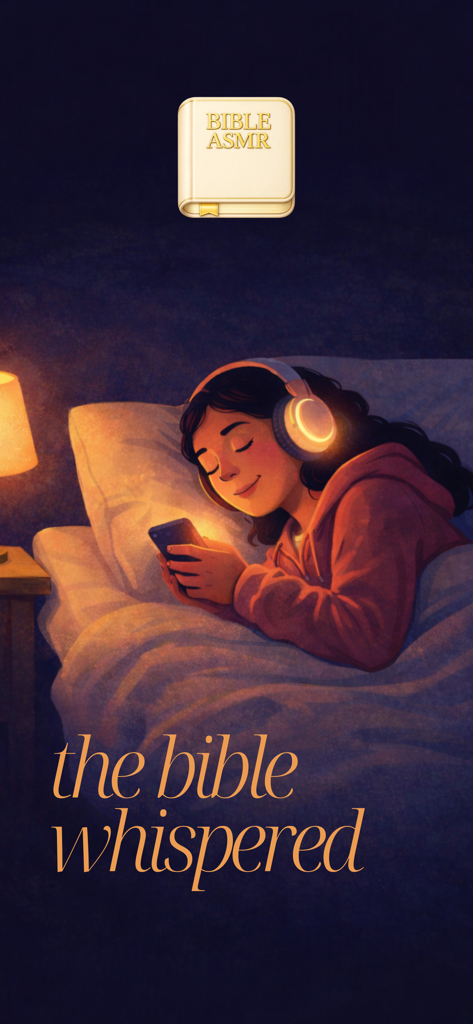 Bible ASMR - A young woman relaxes in bed wearing headphones and using the Bible ASMR app for whispered scripture.