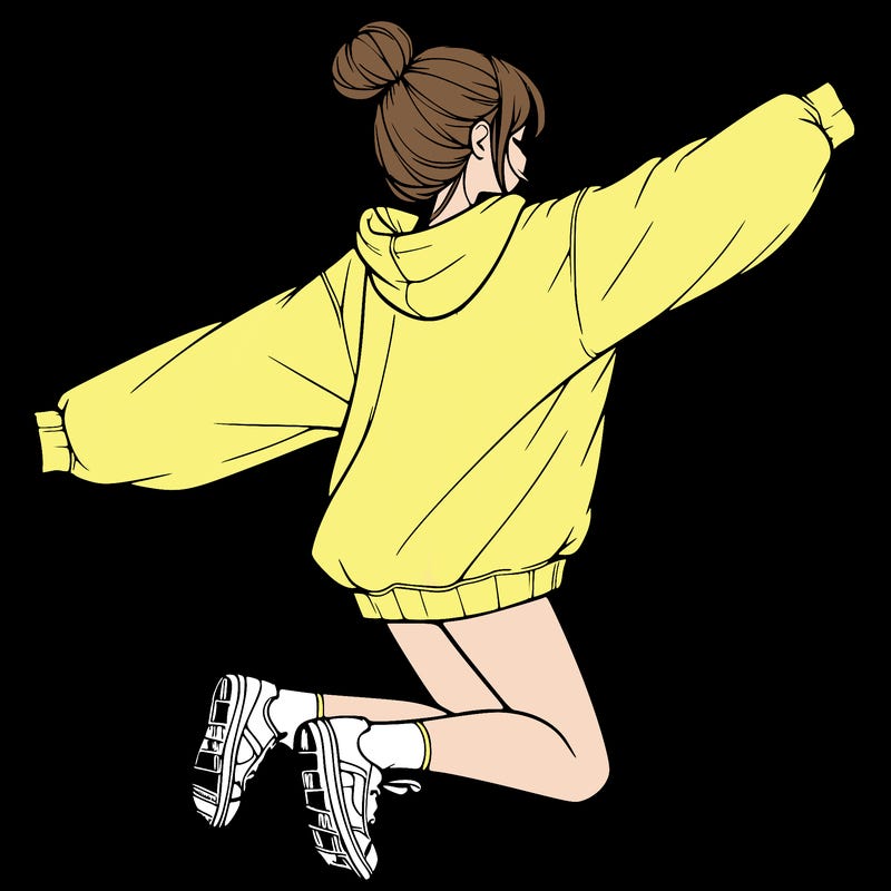 realistic girl jumping with a bun and oversized sweatshirt
