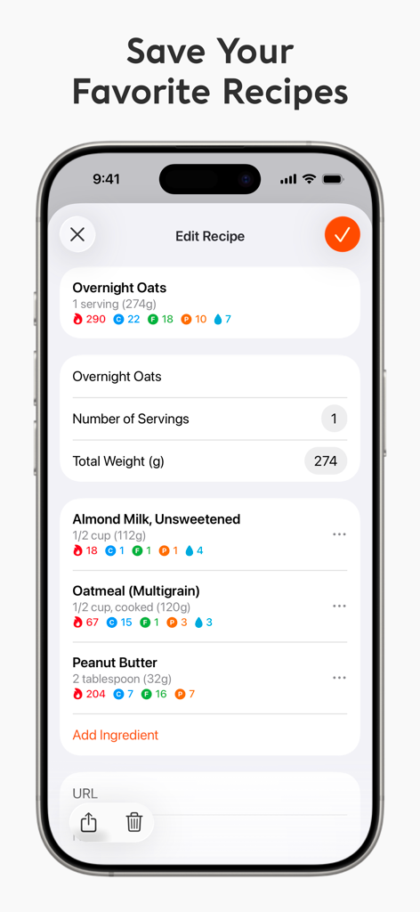 A screen from the Foodnoms app showing the interface for editing and saving a custom recipe with detailed calorie and macro information.