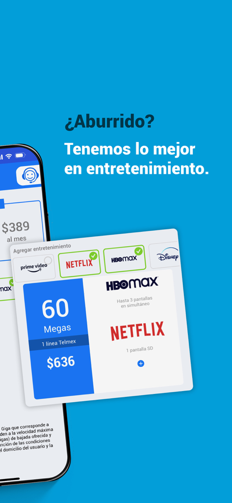 Interfaccia dell'app Telmex che mostra pacchetti internet e intrattenimento con Netflix e HBO Max