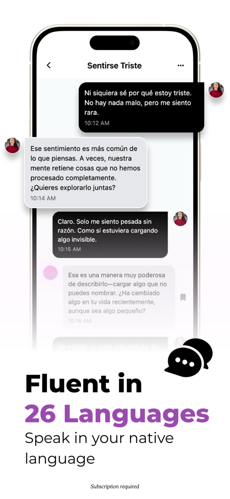 Abby: AI Mental Health - Screenshot of Abby AI Mental Health app displaying a supportive chat conversation in Spanish highlighting its multilingual capabilities