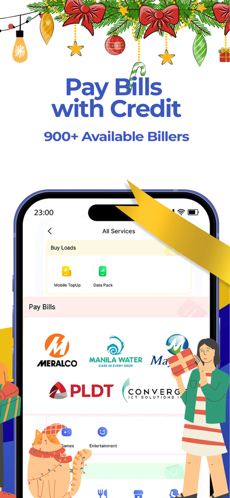 Mocasa: Pay Later & Quick Loan - Interface do aplicativo Mocasa mostrando vários pagadores de contas filipinos como Meralco e PLDT para pagamentos de contas com crédito.