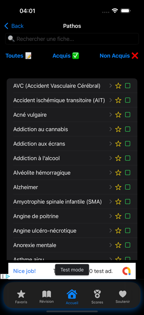 MedicalLearn - List of medical pathologies and study sheets on the MedicalLearn app interface