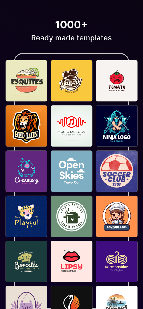 Cava AI Logo Maker: Rebrand - A collection of professional logo templates for businesses and creators shown in a grid layout.