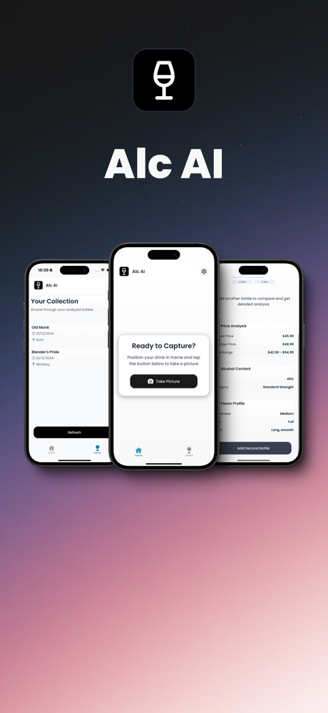 Alc AI - Alc AI mobile app screens showing drink scanning, collection management, and detailed price analysis.