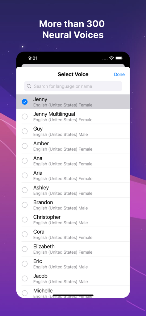 Text to Speech: Voice Reader - Un menú en la aplicación Texto a Voz que muestra una lista de más de 300 voces de IA neuronal para la generación de voz de sonido natural.