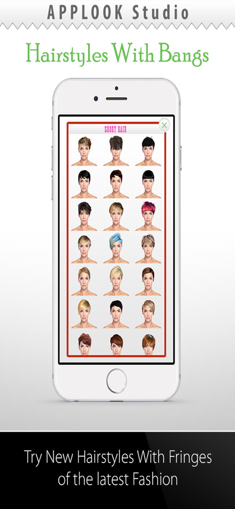 Hairstyle Try On With Bangs - Uma tela de telefone celular exibindo vários penteados curtos com franja para teste virtual
