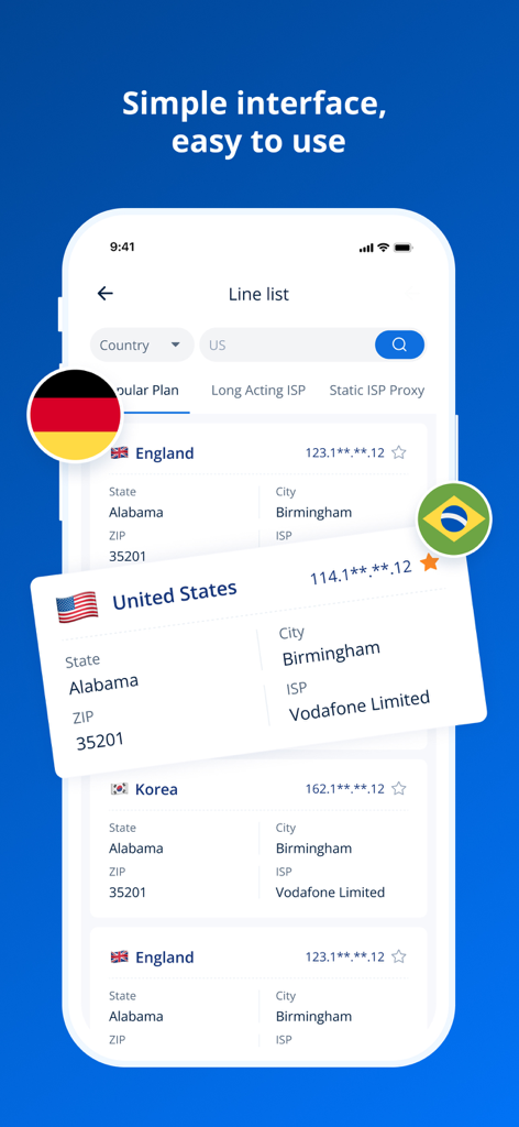 Interface de l'application PIA S5 Control montrant une liste d'emplacements de serveurs proxy internationaux, y compris les États-Unis et l'Angleterre