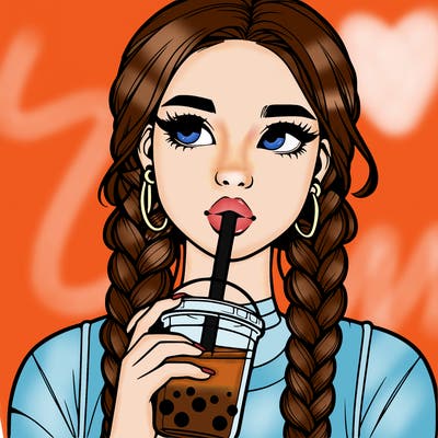 realistic girl with braided hair drinking boba